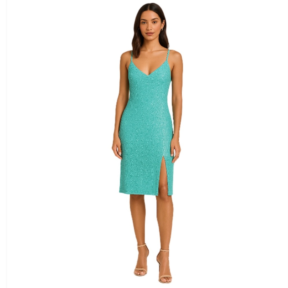 Retrofete Turquoise Sequin Slip Dress with Side Slit